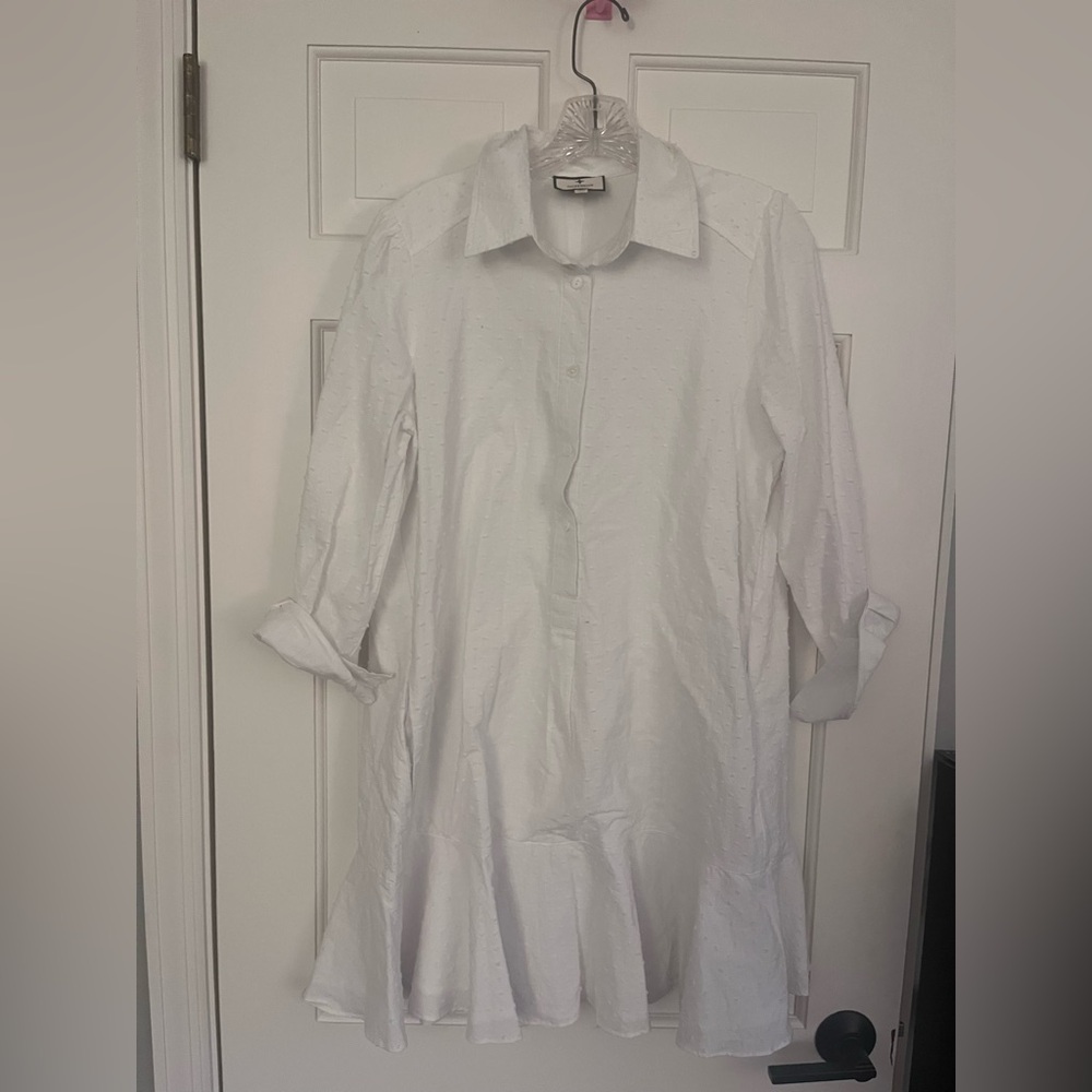 Tuckernuck Swiss Dot Button Up Ruffle Shirt Dress White Size Small - Picture 3 of 6